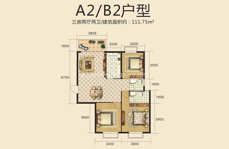 高层 A2户型 3房2厅2卫1厨 建面111.75㎡