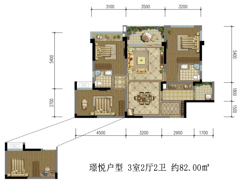 璟悦户型 3室2厅2卫 约82.00㎡