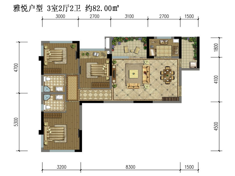 悦未来 雅悦户型 3室2厅2卫 约82.00㎡