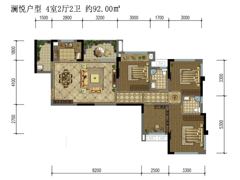 澜悦户型 4室2厅2卫 约92.00㎡