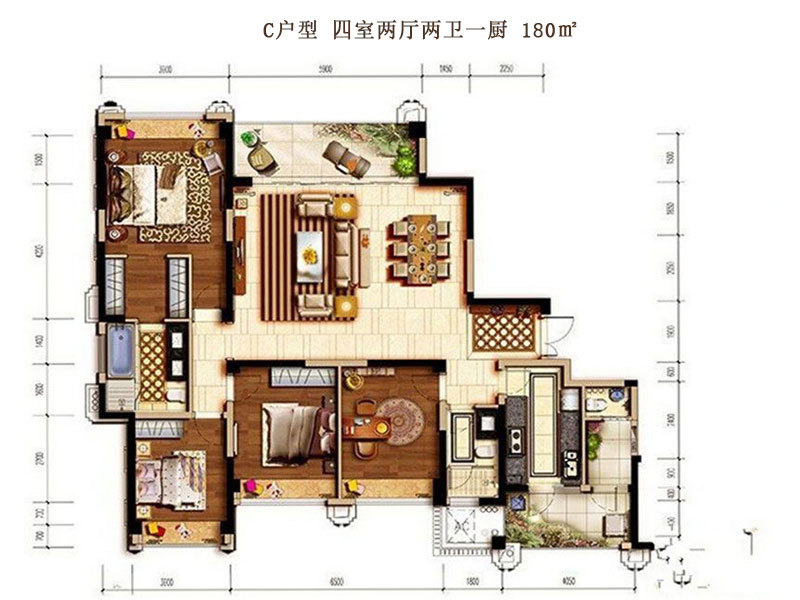 天誉花园21,22,23号楼 c户型-四室两厅两卫一厨-180㎡