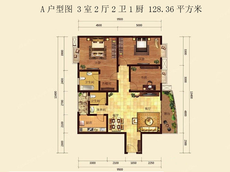 A户型图 3室2厅2卫1厨 128.36平方米