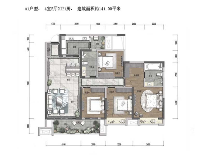 A1户型， 4室2厅2卫1厨， 建筑面积约141.00平米