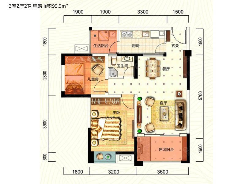 2室2厅1卫 建筑面积72.9m²