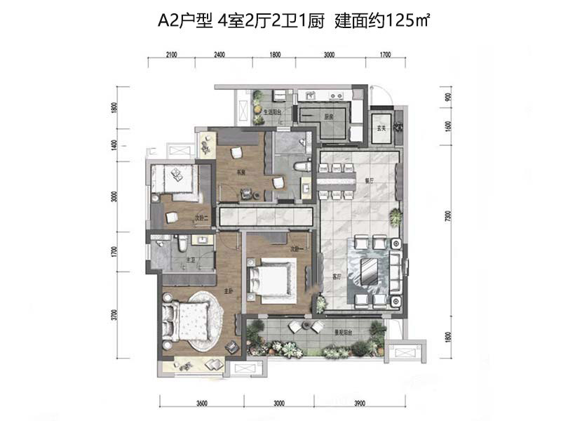 A2户型，-4室2厅2卫1厨，-建筑面积约125.00平米