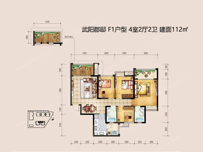 武阳郡邸-F1户型，4室2厅2卫，112平米