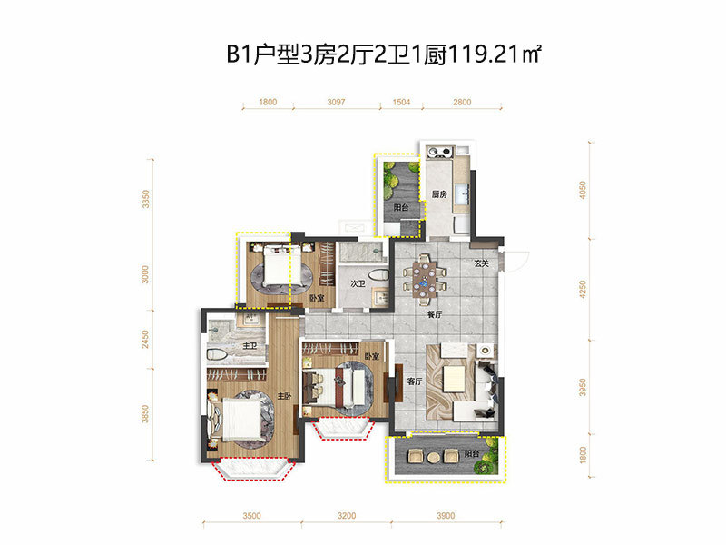 锦城悦庭3、4号楼 B1户型3房2厅2卫1厨119.21㎡