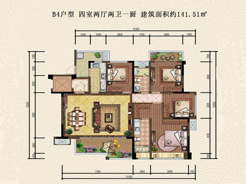 b4户型-四室两厅两卫一厨-建筑面积约141.51㎡