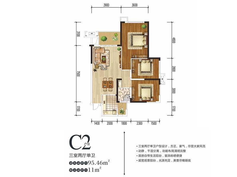 C2户型 3室2厅1卫 95m²