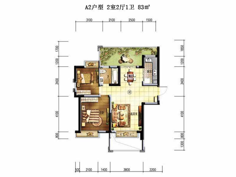 A2户型-2室2厅1卫-83㎡
