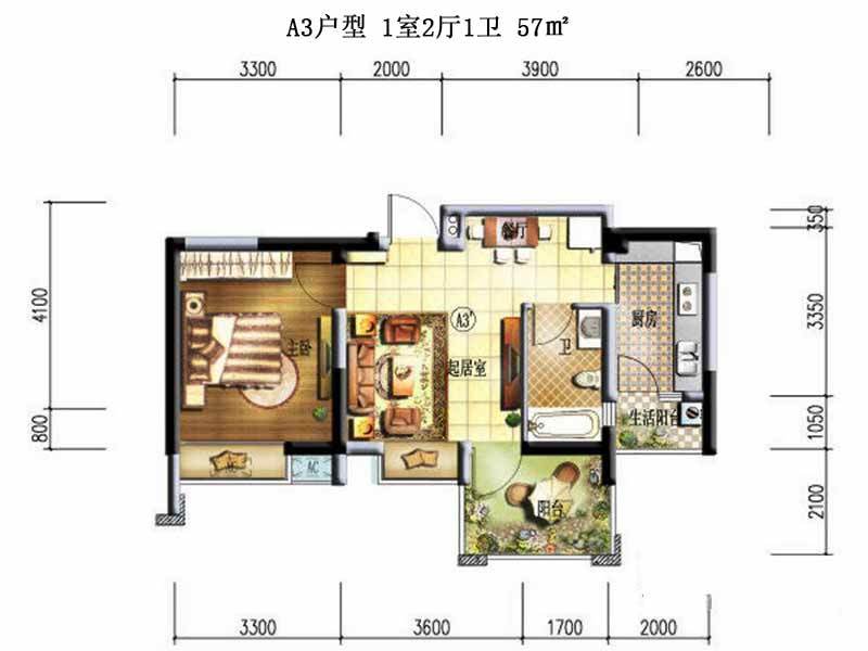 果壳里的城 A3户型 1室2厅1卫 57㎡