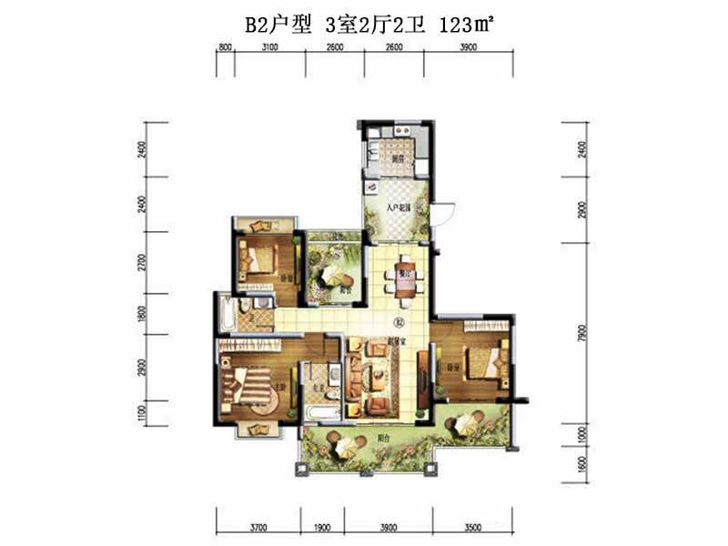 B2户型-3室2厅2卫-123㎡