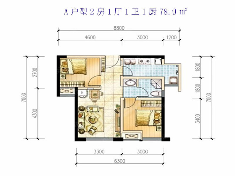 A户型2房1厅1卫1厨78.9㎡