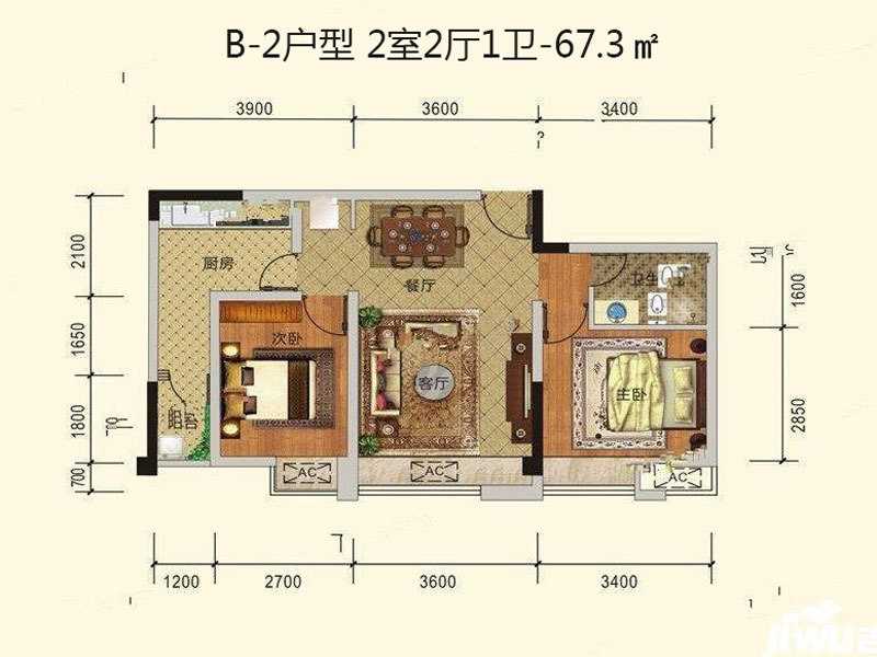 B-2户型-2室2厅1卫-67.3㎡