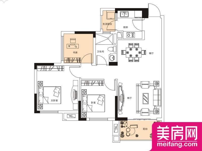 珠江郦城六期b2户型 2室2厅1厨1卫 89.00㎡