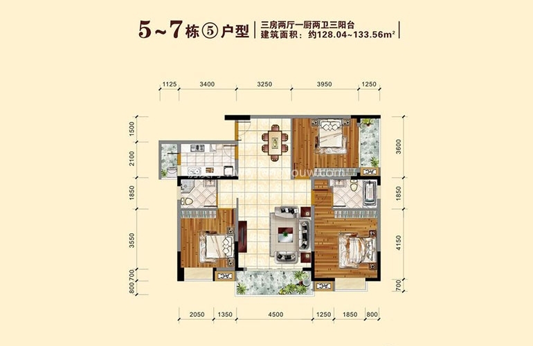 德天国际 5、6、7栋5户型 3室2厅2卫1厨 128㎡