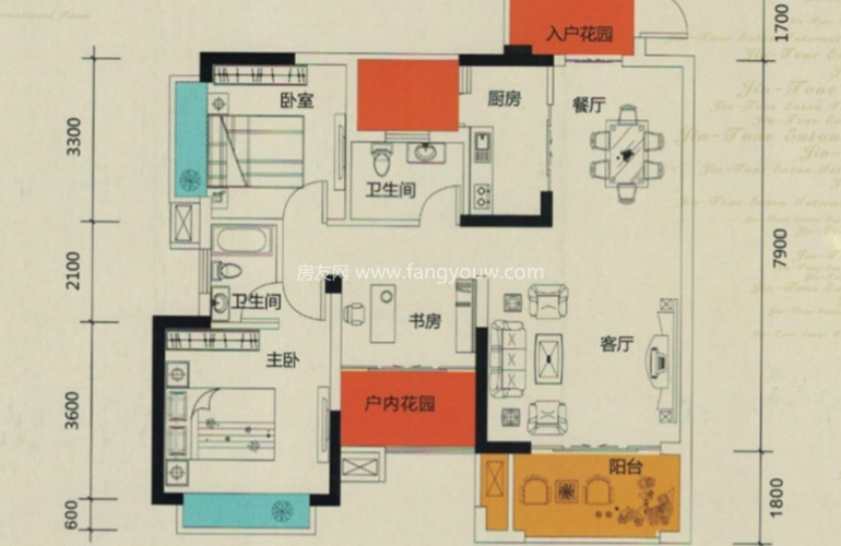 精通伊顿国际 15#C户型 3室2厅1卫1厨 105㎡