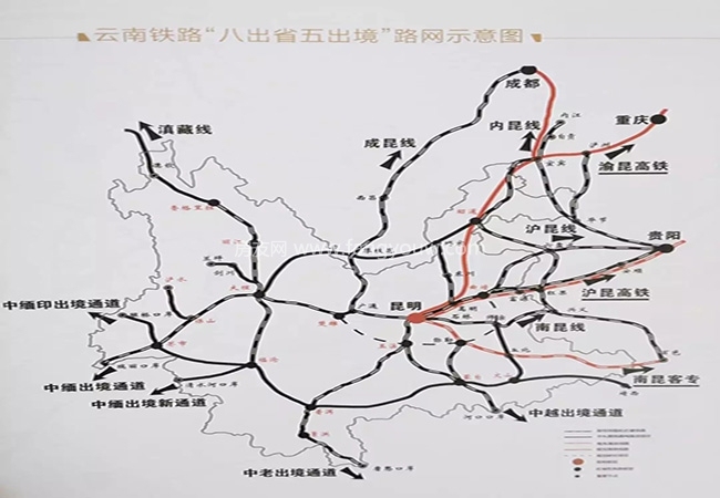 云南铁路"八出省五出境"路网示意图