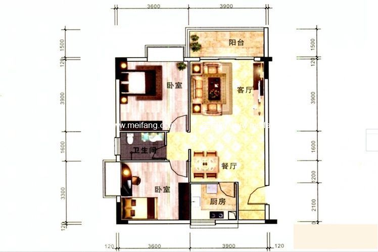 恒华新城 一期1-4#楼标准层A1户型 2室2厅1卫1厨 建筑面积83
