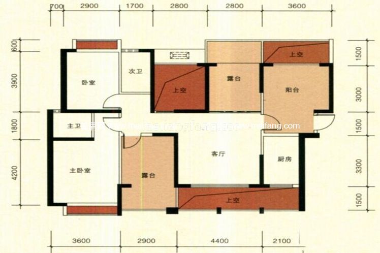 海悦华府 海悦华府一期4#楼B1户型 2室1厅2卫1厨