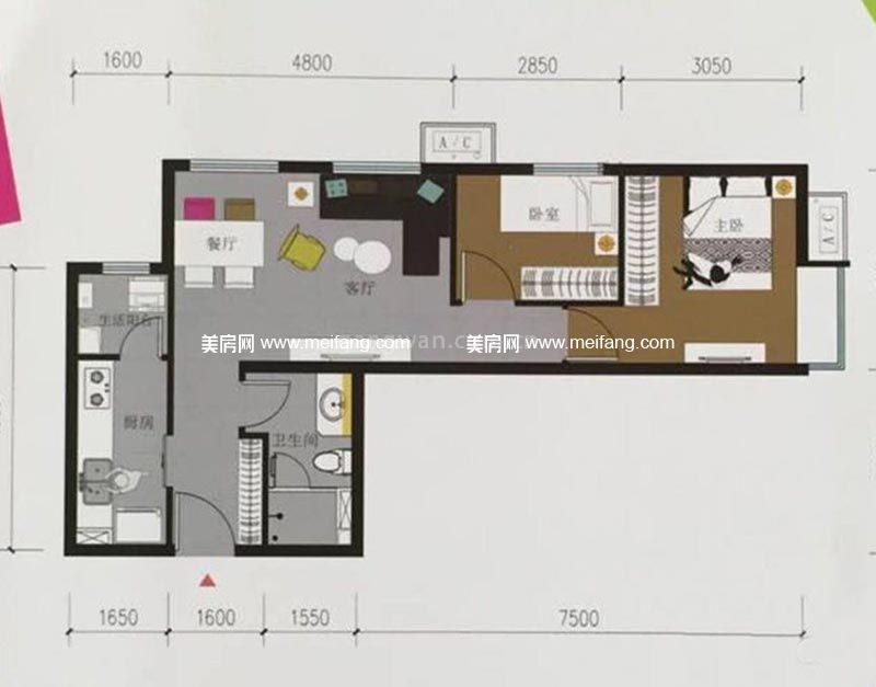 富力新城 70平米两居户型图2室2厅1厨1卫