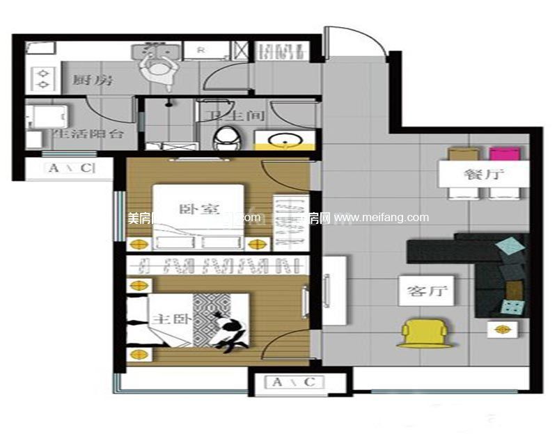 82平米两居户型图2室2厅1厨1卫
