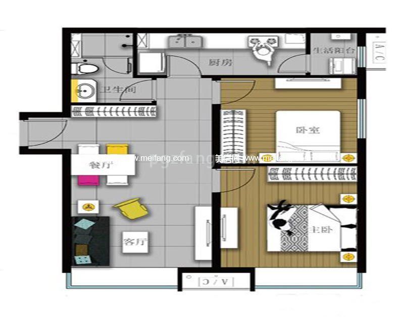 富力新城 82平米两居户型图2室2厅1厨1卫82㎡
