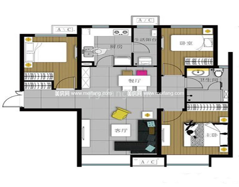 富力新城 102平米三居户型图3室2厅1厨1卫