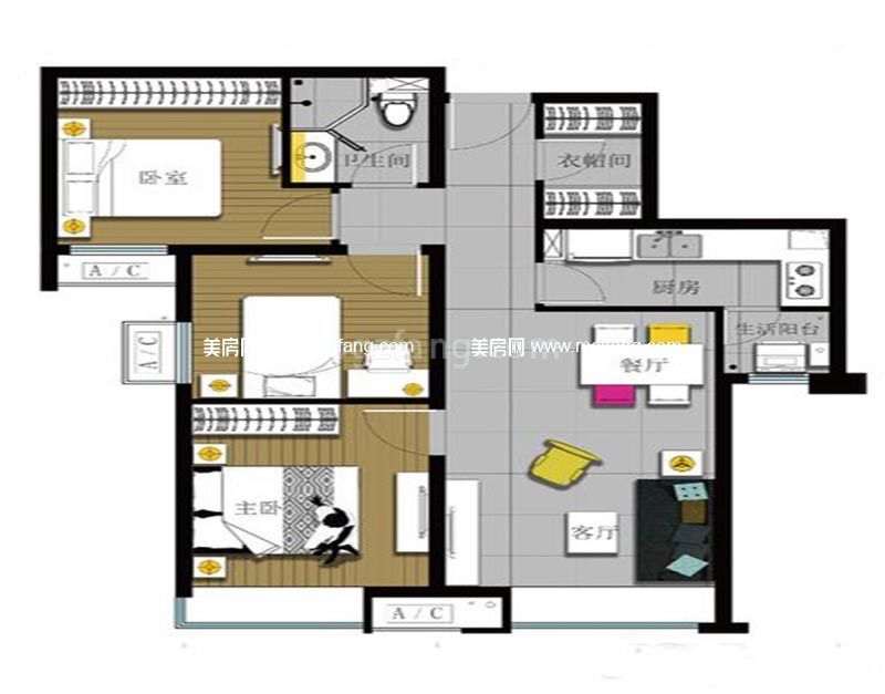 富力新城 92平米三居户型图3室2厅1厨1卫