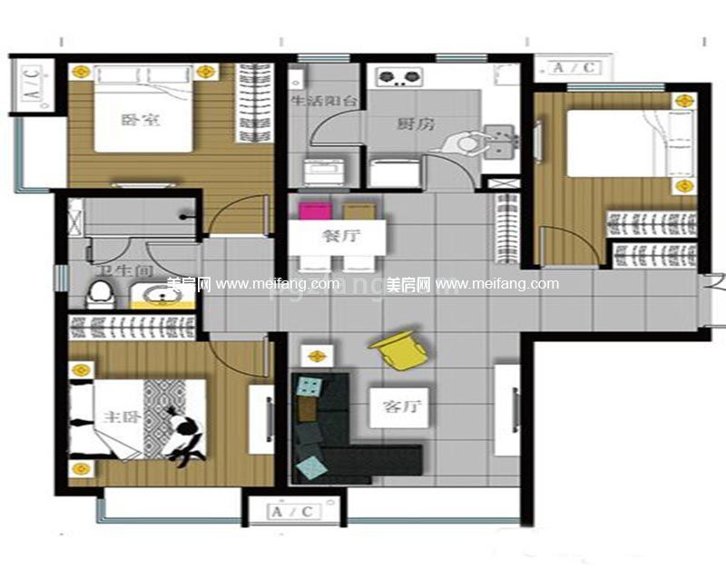 富力新城 107平米三居户型图3室2厅1厨1卫