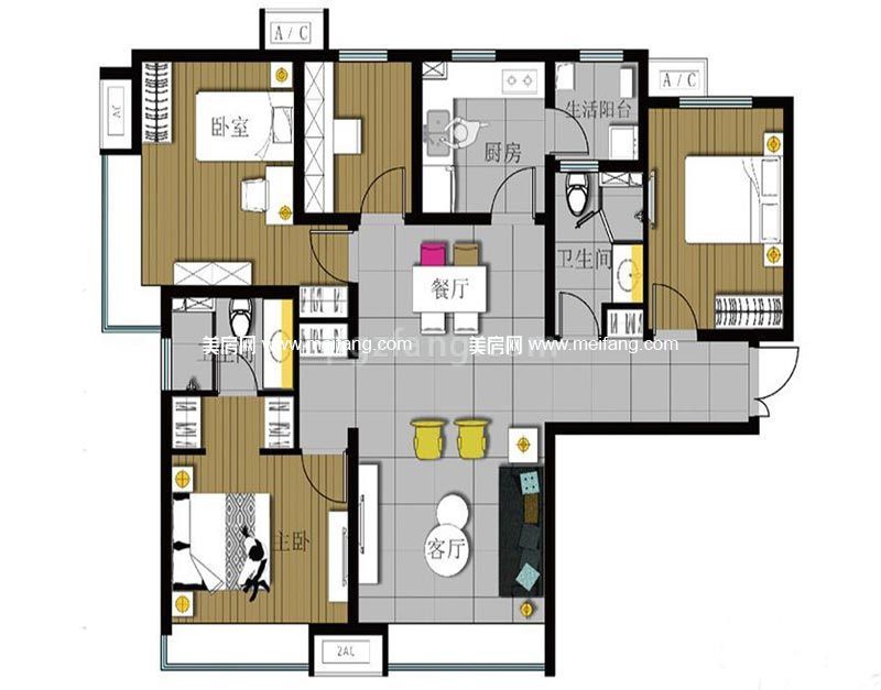 133平米四居户型图4室2厅1厨2卫