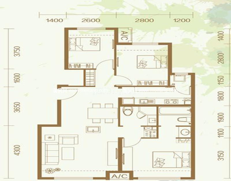富力新城 二期V02B区三居户型3室2厅1厨2卫