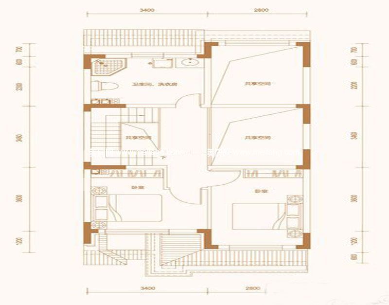 联排别墅二层中户户型4室2厅1厨3卫200平米