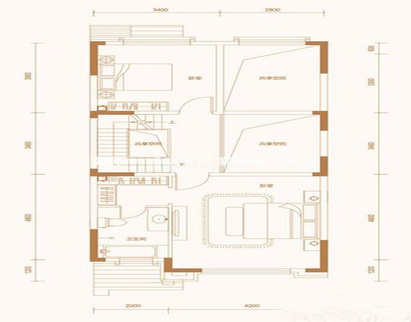 联排别墅三层中户户型4室2厅1厨3卫200平米