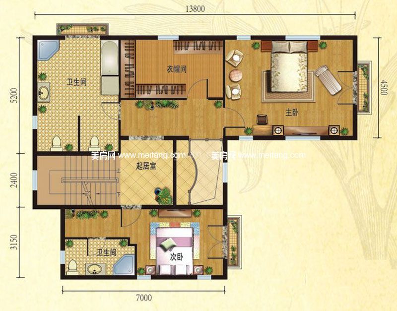 独栋别墅F户型二层2室1厅0厨2卫402平米