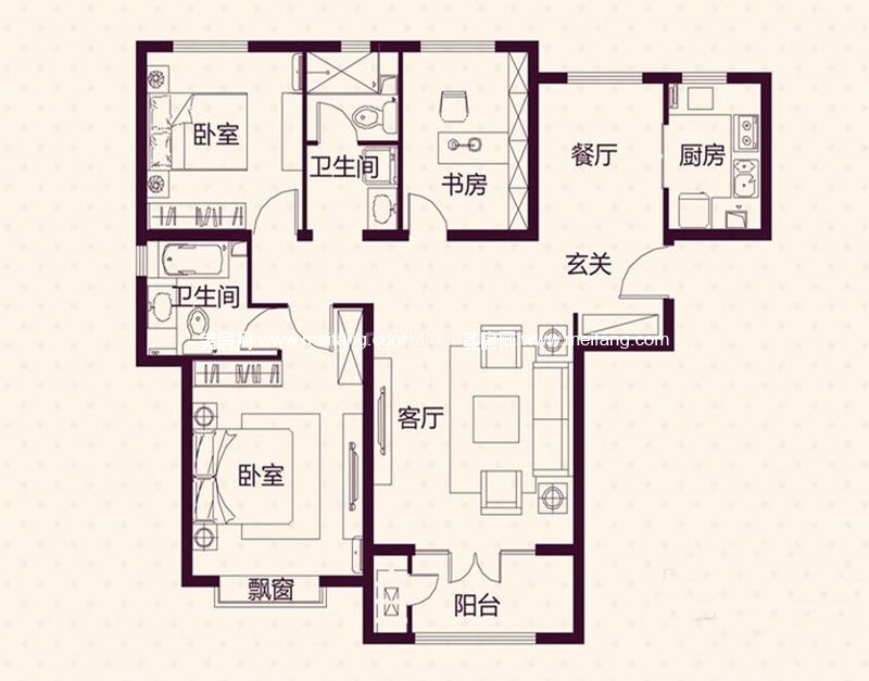 梅尚国际住区 看景洋房标准层A户型3室2厅1厨2卫126㎡