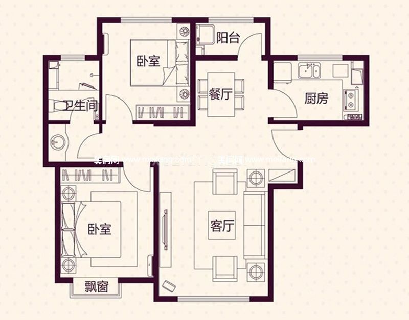 梅尚国际住区 高层标准层A户型2室2厅1厨1卫86㎡