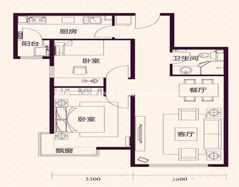 梅尚国际住区 高层标准层B户型2室2厅1厨1卫89.13㎡