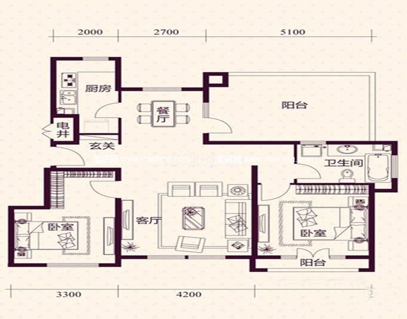 梅尚国际住区 五层洋房标准层B6户型2室2厅1厨1卫105㎡