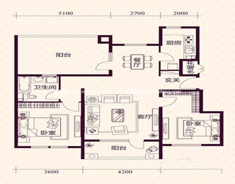 梅尚国际住区 五层洋房标准层B7户型2室2厅1厨1卫105㎡