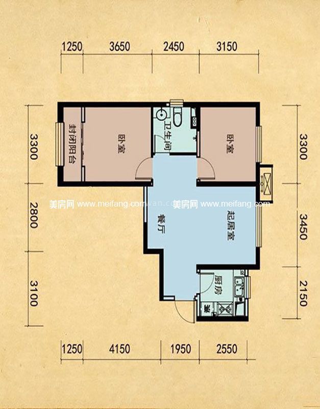 恒大华府 8#楼2单元标准层A户型2室2厅1厨1卫88.73㎡