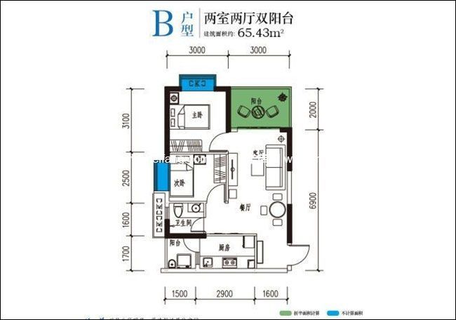 兆南熙园 1#1-b户型图 2室2厅1卫1厨85.08㎡