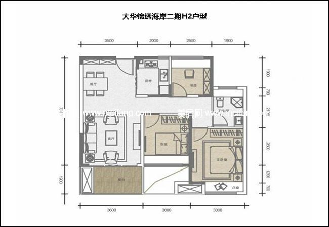 大华锦绣海岸h2户型3室2厅1厨1卫93.00㎡