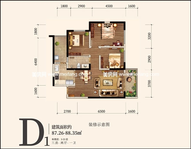 融创春风十里 d1户型 3房2厅1卫1厨 87㎡