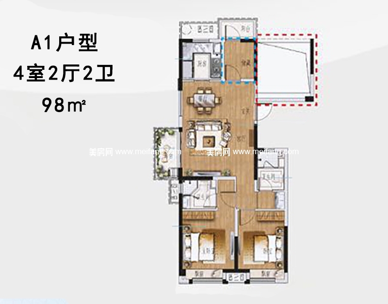 新西塘孔雀城印象澜庭 A1户型，4室2厅2卫，98㎡