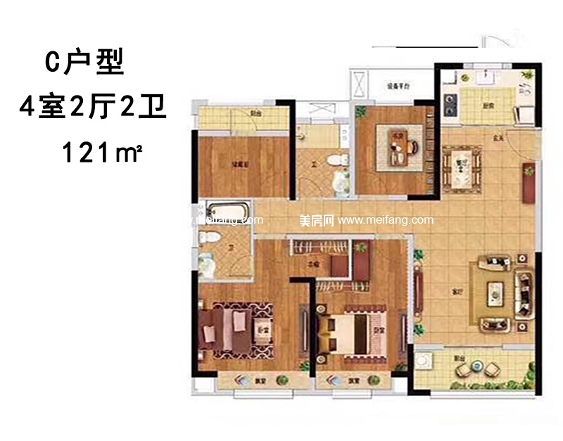 新西塘孔雀城印象澜庭 C户型，4室2厅2卫，121㎡