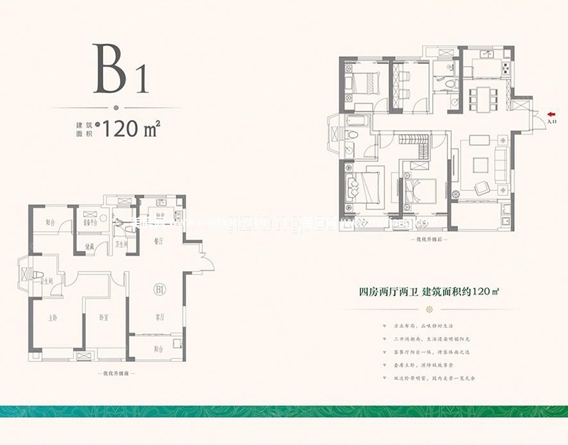 B1户型，4室2厅2卫，120平米