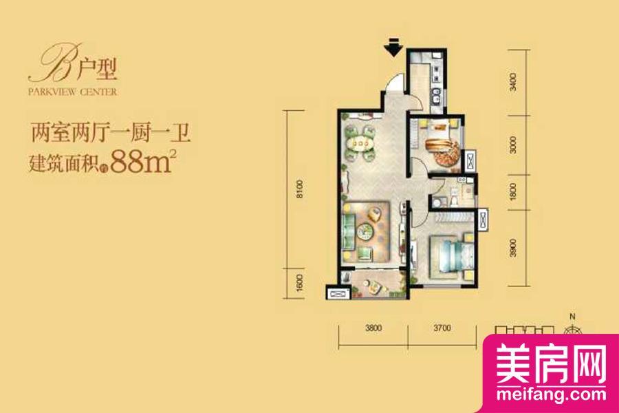 B户型 2室2厅1厨1卫 88.00㎡ B户型 2室2厅1厨1卫 88.00㎡