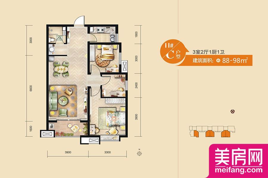 11号楼C户型 3室2厅1厨1卫 88.00㎡ 11号楼C户型 3室2厅1厨1卫 88.00㎡