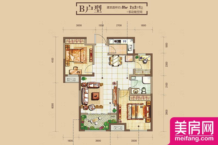 B户型 2室2厅1厨1卫 91.00㎡ B户型 2室2厅1厨1卫 91.00㎡